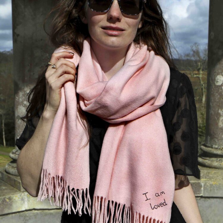 Pink cashmere blanket scarf with personalised message