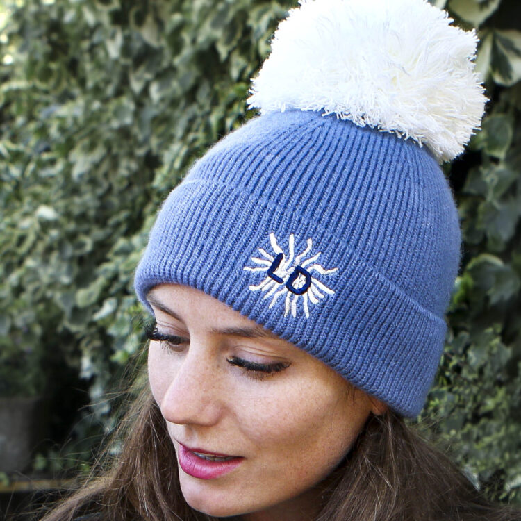 Blue and cream cashmere hat starburst personalised initials StephieAnn