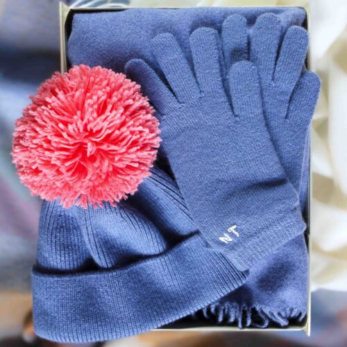 StephieAnn Blue cashmere hat gloves and scarf gift box set