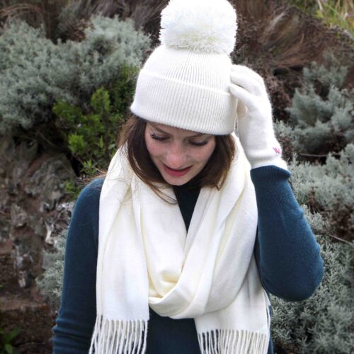 StephieAnn Cashmere cream gloves hat scarf