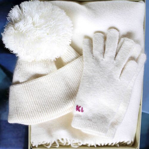 StephieAnn Cream cashmere gloves scarf and hat