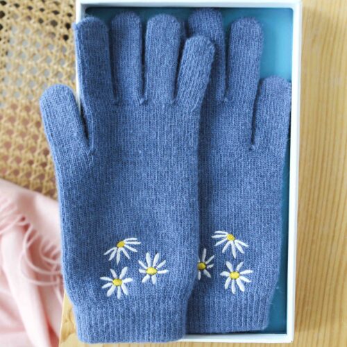 StephieAnn Daisy Blue embroidered cashmere gloves