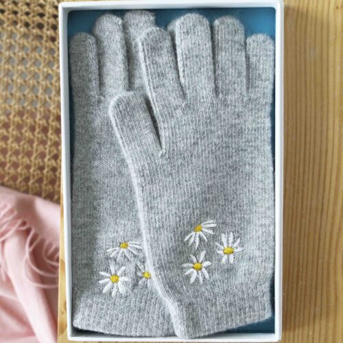 StephieAnn Daisy grey embroidered cashmere gloves