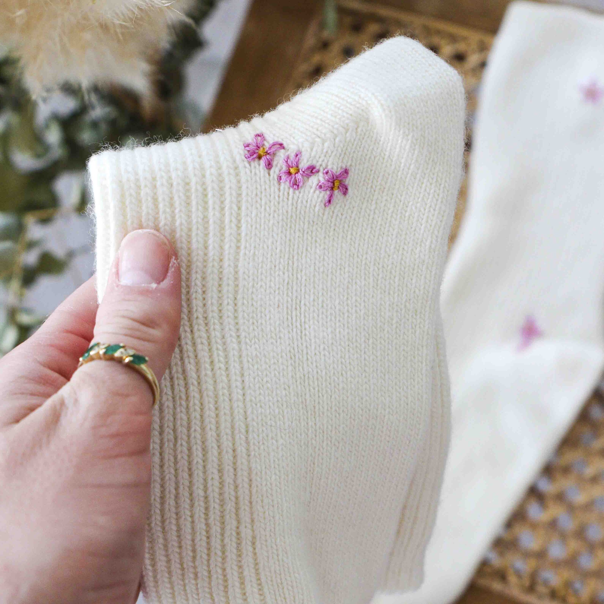 Visible mending embroidery StephieAnn upcycle cashmere bed socks