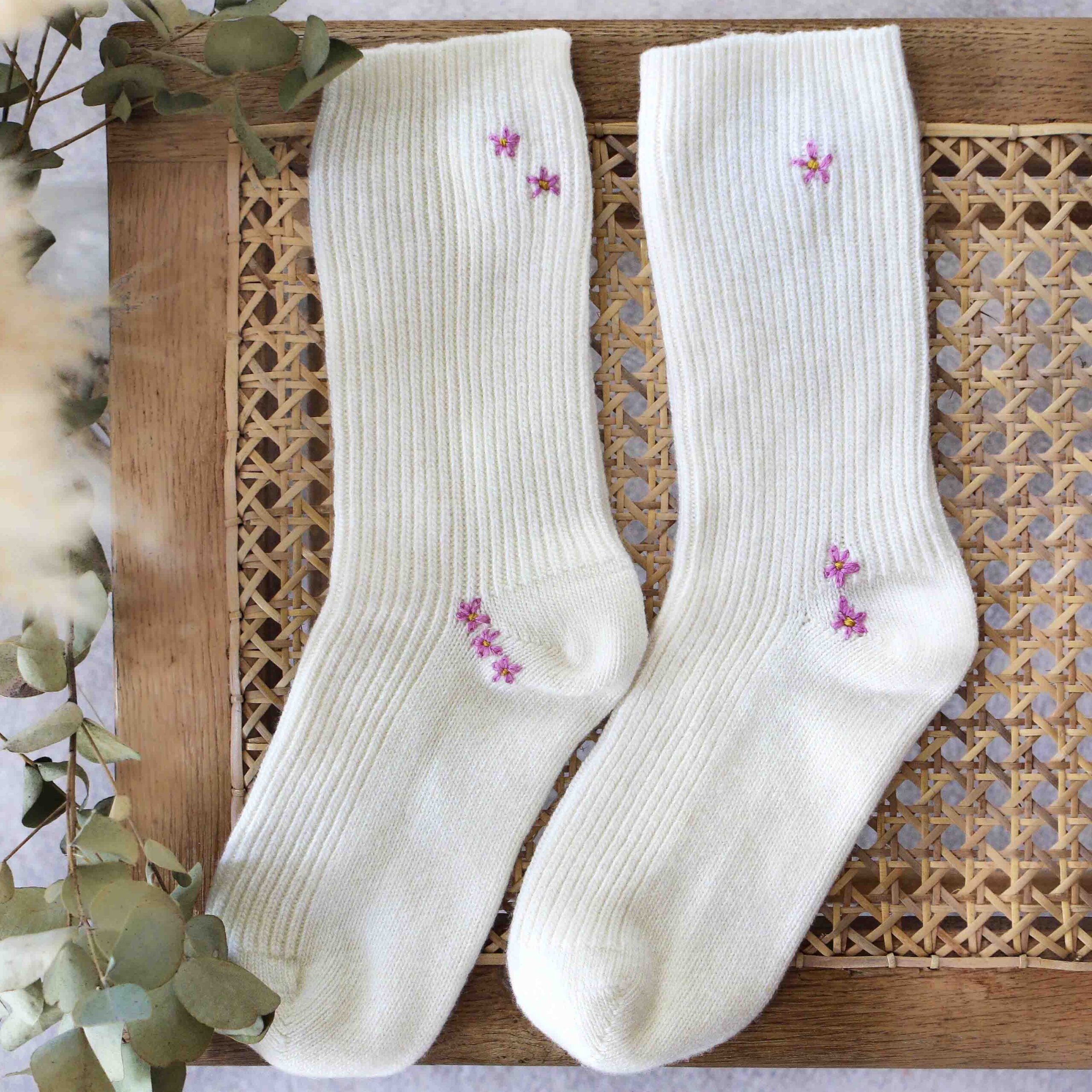 Visible mending with embroidery upcycle cashmere bed socks StephieAnn